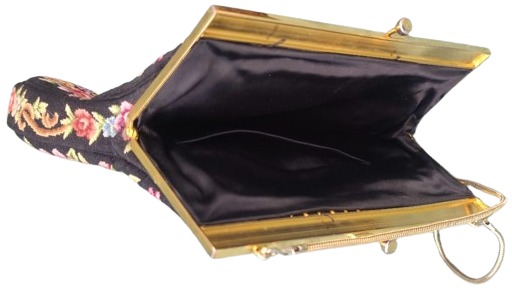 1950 FRANSIZ GOBLEN CANTA EL DOKUMA ÜZERİ CİCEK DESENLİ METAL ACMA KAPAMALI ASKILI BAYAN EL ÇANTASI