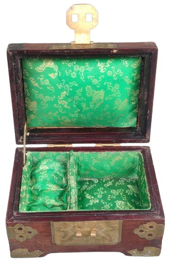 AHŞAP MASİF KAPAKLI ÜZERİ FUL İŞLEMELİ TAMAMI EL YAPIM İÇERSİ YEŞİL SATEN KAPLI BOLUMLU  MUCEVHER KUTUSU 