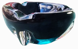 1970 İTALYAN MURANO PATLICAN MORU TON GECİŞLERİ OLAN  AGIZ TARAFI OVAL YANLARDA DEKORATİF CIKINTILARI OLAN KÜLLÜK