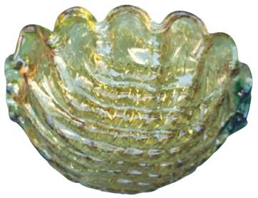 1970 İTALYAN MURANO YEŞİL TON GECİŞLERİ OLAN  AGIZ TARAFI FIR FIR DİLİMLİ YUVARLAK CANAK FORMDA CANAK