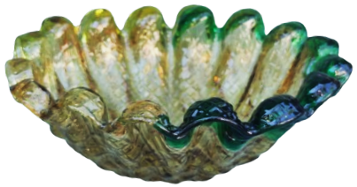 1970 İTALYAN MURANO YEŞİL TON GECİŞLERİ OLAN  AGIZ TARAFI FIR FIR DİLİMLİ YUVARLAK CANAK FORMDA CANAK
