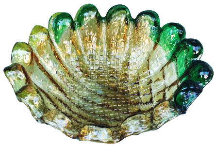 1970 İTALYAN MURANO YEŞİL TON GECİŞLERİ OLAN  AGIZ TARAFI FIR FIR DİLİMLİ YUVARLAK CANAK FORMDA CANAK