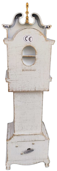 SARKACLI BAROK TARZI  KULE SAAT MODELİNDE 38 CM BOYUNDA  KURMALI LATERNALI ALT CİFT CEKMECELİ BEYAZ LAKE FORMDA ON KISMI DOLAPLI QUARTZ SAAT