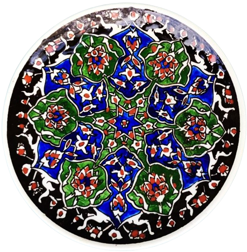 1950 KUTAHYA CİNİ EL YAPIM EL CİZİM VE BOYAMA DUVAR TABAGI ORTASI OSMANLI YILDIZI KENARLAR SİYAH İÇERSİNDE CİCEK DESENLERİ 