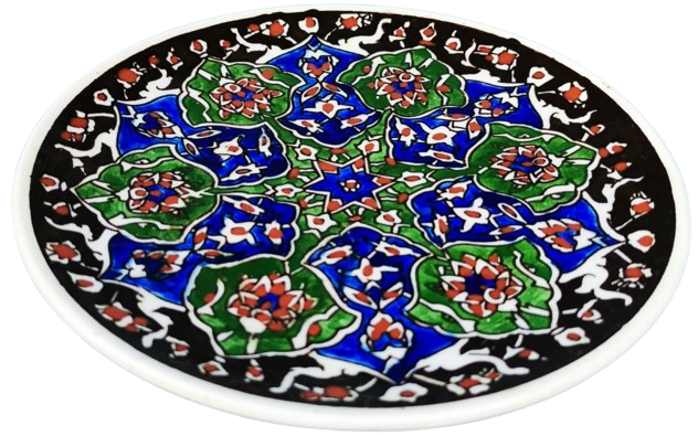 1950 KUTAHYA CİNİ EL YAPIM EL CİZİM VE BOYAMA DUVAR TABAGI ORTASI OSMANLI YILDIZI KENARLAR SİYAH İÇERSİNDE CİCEK DESENLERİ 