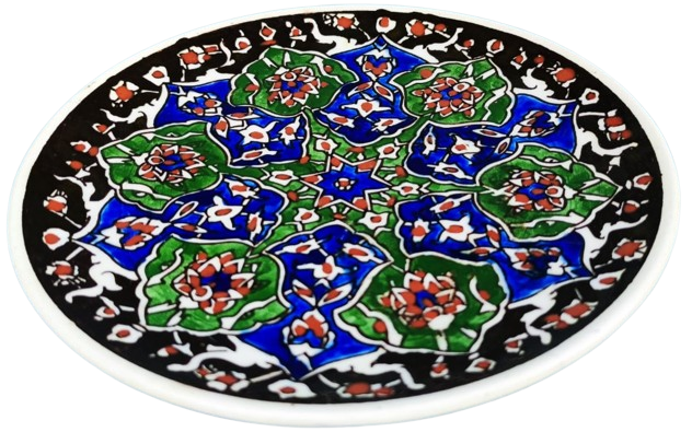 1950 KUTAHYA CİNİ EL YAPIM EL CİZİM VE BOYAMA DUVAR TABAGI ORTASI OSMANLI YILDIZI KENARLAR SİYAH İÇERSİNDE CİCEK DESENLERİ 