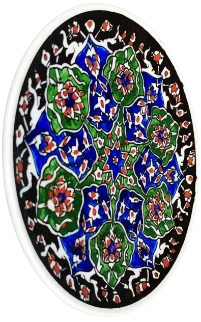1950 KUTAHYA CİNİ EL YAPIM EL CİZİM VE BOYAMA DUVAR TABAGI ORTASI OSMANLI YILDIZI KENARLAR SİYAH İÇERSİNDE CİCEK DESENLERİ 