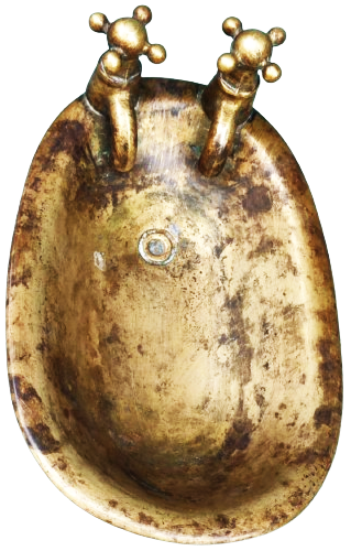 1970 MİNYATUR PİRİNC CİFT MUSLUKLU KUVET ŞEKLİNDE TASARLANMIŞ SABUNLUK DÖRT PENCE AYAKLI 