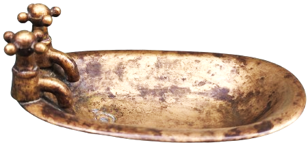 1970 MİNYATUR PİRİNC CİFT MUSLUKLU KUVET ŞEKLİNDE TASARLANMIŞ SABUNLUK DÖRT PENCE AYAKLI 