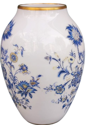 LİMOGES PORSELEN  VAZO  BEYAZ ÜZERİNE MAVİ CİCEK ALT VE AGIZ KISMI EL CEKME VALTIN YALDIZ FRANSIZ ÜRETİMİ