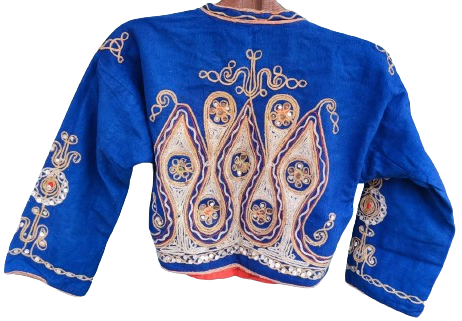 OSMANLI CİVİT MAVİ NAR KIRMIZI  ASTARLI YÖRÜK TAMAMI ON ARKA KOLLAR KOMPLE İŞİ TEL EL KIRMA DOKUMA  KUMAŞ CEPKEN