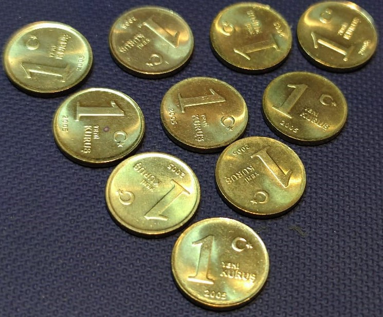 CUMHURİYET 1 YENİ KURUŞ (2005) YILI PROF BASKI YENİ 1 KURUŞ ÇİL (AZ ÇIKAR) PİRİNÇ CİL 10 ADET HİC KULLANILMAMIŞ