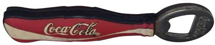 COCA COLA ŞİŞE FORMUNDA KIRMIZI BEYAZ METAL ÜZERİ KAUCUK KAPLAMA  KENARLAR SİYAH ŞİŞE KAPAK ACACAGI