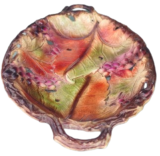 1970 FİTZ & FLOYD MEYVE SUNUM TABAGI TEPSİSİ İÇERSİ KABARTMA MEŞE YAPRAKLARI VE MEŞE PALAMUTLARI DÖŞELİ CİFT KULPLU 