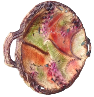1970 FİTZ & FLOYD MEYVE SUNUM TABAGI TEPSİSİ İÇERSİ KABARTMA MEŞE YAPRAKLARI VE MEŞE PALAMUTLARI DÖŞELİ CİFT KULPLU 