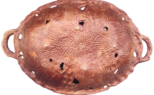 1970 FİTZ & FLOYD MEYVE SUNUM TABAGI TEPSİSİ İÇERSİ KABARTMA MEŞE YAPRAKLARI VE MEŞE PALAMUTLARI DÖŞELİ CİFT KULPLU 