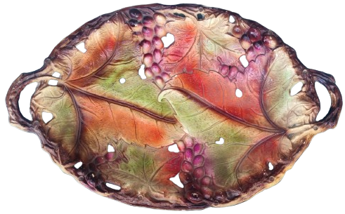 1970 FİTZ & FLOYD MEYVE SUNUM TABAGI TEPSİSİ İÇERSİ KABARTMA MEŞE YAPRAKLARI VE MEŞE PALAMUTLARI DÖŞELİ CİFT KULPLU 