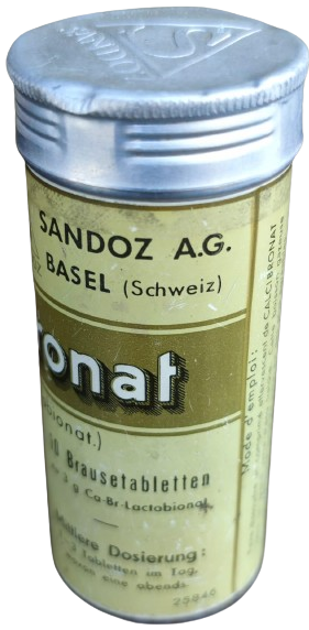 ANTIGUA BOX PUBLICITé CALCIBRONAT  ALÜMİNYUM KAPAKLI BOŞ İLAC KUTU SANDOZ LABORATUVARLARI