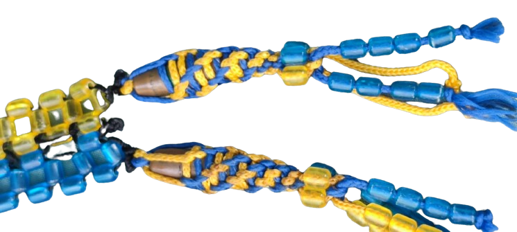 FENERBAHCE HAPİSHANE İŞİ SARI LACİVERT UCLARINDA İKİ ADET MERMİ BULUNAN BONCUK İŞİ SALLAMA TESBİH