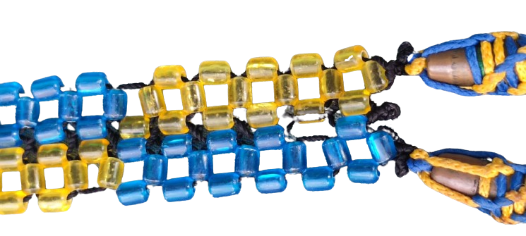 FENERBAHCE HAPİSHANE İŞİ SARI LACİVERT UCLARINDA İKİ ADET MERMİ BULUNAN BONCUK İŞİ SALLAMA TESBİH