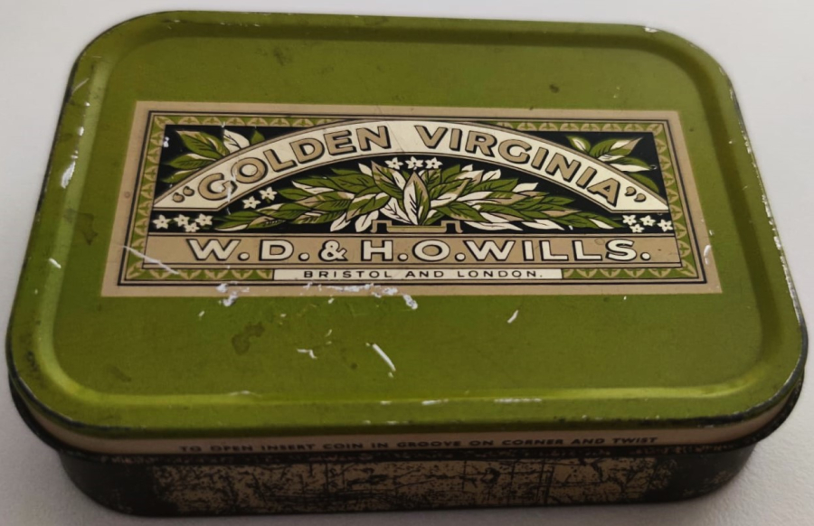 GOLDEN VIRGINIA W.D & H.O. WILLS BRISTOL AND LONDON ALTIN SIGARA BOŞ TUTUN KUTUSU KAPAKLI TENEKE