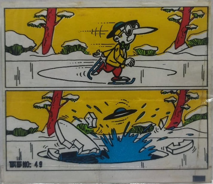 TİPİTİP YERLİ SAKIZ KARİKATÜRLÜ YAĞLI KAGIT TÜRÜNDE RENKLİ TİFDRUK BASKI İLE KONULU MİZANSEN KARİKATÜR ESKİ ÇİKLET KAĞIDI NO 49