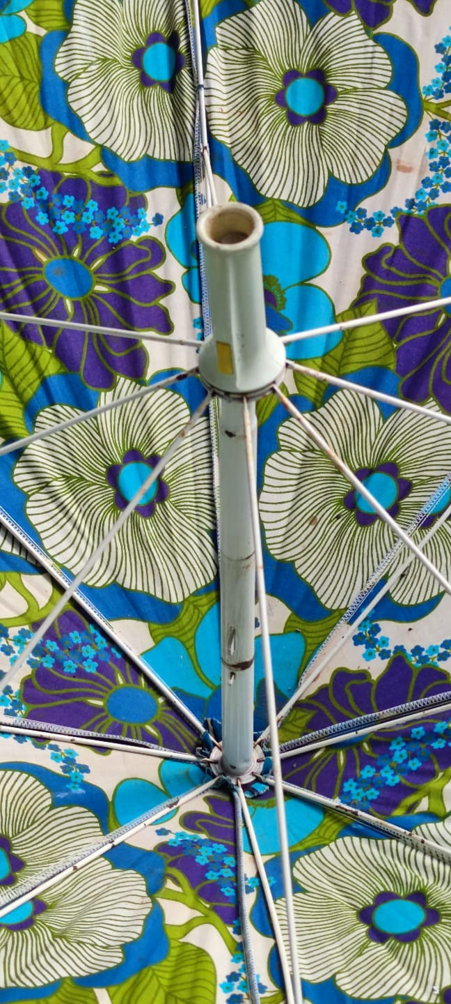 1960 SEMSİYE DIŞI MAVİ CİCEKLER İC TARAFI  MAVİ ASTARLI ACILIR KAPANIR 2 METRELİK GÜNES SAHİL PLAJ SEMSİYESİ