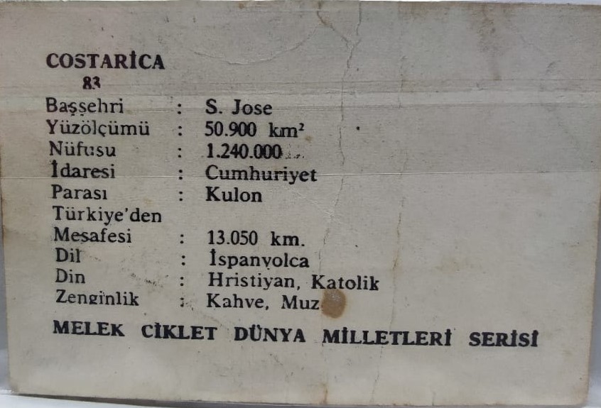 1960 MELEK CİKLET DUNYA MİLLETLERİ SERİSİ KOSTARİKA KART NO 83 COSTARİCA MELEK SAKIZLARI KARTI 60 LI YILLAR