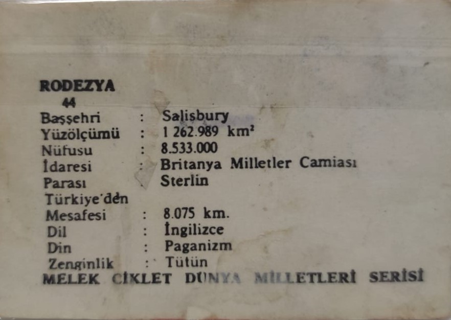 1960 MELEK CİKLET DUNYA MİLLETLERİ SERİSİ RODEZİA  RODEZYA KART NO 44 MELEK SAKIZLARI KARTI 60 LI YILLAR BASKISI