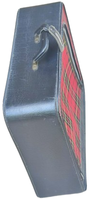 1960 KIRMIZI SİYAH TONLARDA EKOSE DESENLİ YANLAR SUNI  DERİ ONDEN ACILMA FERMUARLI ORTA BOY SEYEHAT BAVULU 