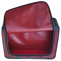 1960 KIRMIZI SİYAH TONLARDA EKOSE DESENLİ YANLAR SUNI  DERİ ONDEN ACILMA FERMUARLI ORTA BOY SEYEHAT BAVULU 