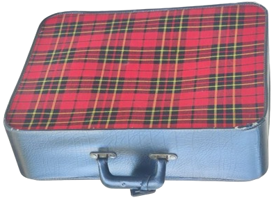 1960 KIRMIZI SİYAH TONLARDA EKOSE DESENLİ YANLAR SUNI  DERİ ONDEN ACILMA FERMUARLI ORTA BOY SEYEHAT BAVULU 