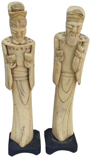 TAMAMEN EL OYMA İSCİLİKLİ  KEMİK CİN YAPIM CİN HANEDANINDAN İMPARATOR VE İMPARATORİCE CİFT FUGURLERİ ALT AHSAP KAİDELİ 