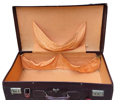 1950 BORDO CİFT KEMERLİ KAHVERENGİ DERİ BAVUL MADE IN GERMANY İCİ ASTARLI KENARLAR EL DİKİS