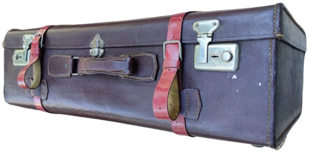 1950 BORDO CİFT KEMERLİ KAHVERENGİ DERİ BAVUL MADE IN GERMANY İCİ ASTARLI KENARLAR EL DİKİS