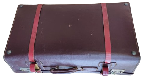 1950 BORDO CİFT KEMERLİ KAHVERENGİ DERİ BAVUL MADE IN GERMANY İCİ ASTARLI KENARLAR EL DİKİS