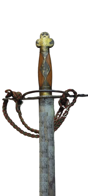 İSPONYOL KORSAN KILICI ELDEN KACMAMASI İÇİN İP EL SARILIR BALCAK KISIM PİRİNC VE AHŞAP BALCAGIN UST TOPUZ KISMINDA BİR KAC İŞARET BULUNMAKTA 