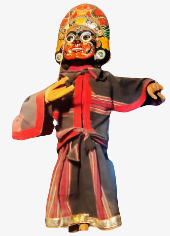 BHAKTAPUR UN NAVADURGA BUYUCU KUKLA İYİ KÖTÜ CİFT YUZLU KARA KIZGIN BEYAZ MUTLU SURATLI ELLE OYNATILAN TAMAMEN EL YAPIMIDIR