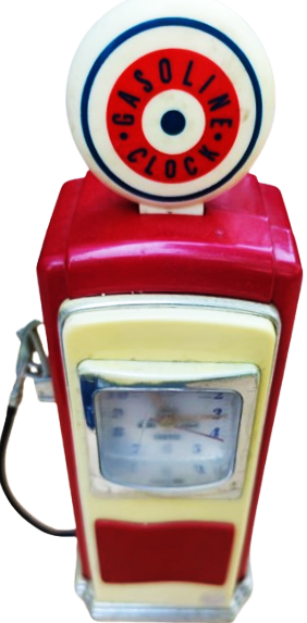 GASOLİNE CLOCK BENZİN POMPASI ON TERAF SAAT YANDA HORTUMLU POMPASI ARKADA PİL YUVASI YANDA PARA ATMA YERİ
