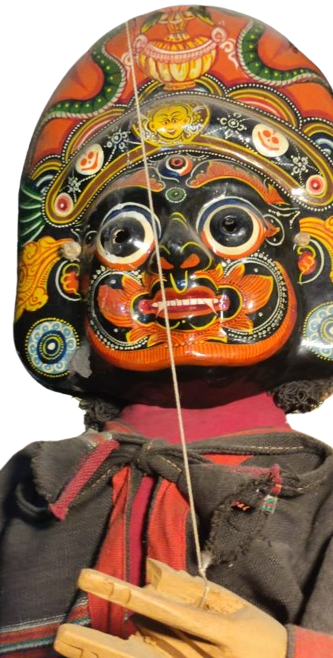 BHAKTAPUR UN NAVADURGA BUYUCU KUKLA İYİ KÖTÜ CİFT YUZLU KARA KIZGIN BEYAZ MUTLU SURATLI ELLE OYNATILAN TAMAMEN EL YAPIMIDIR