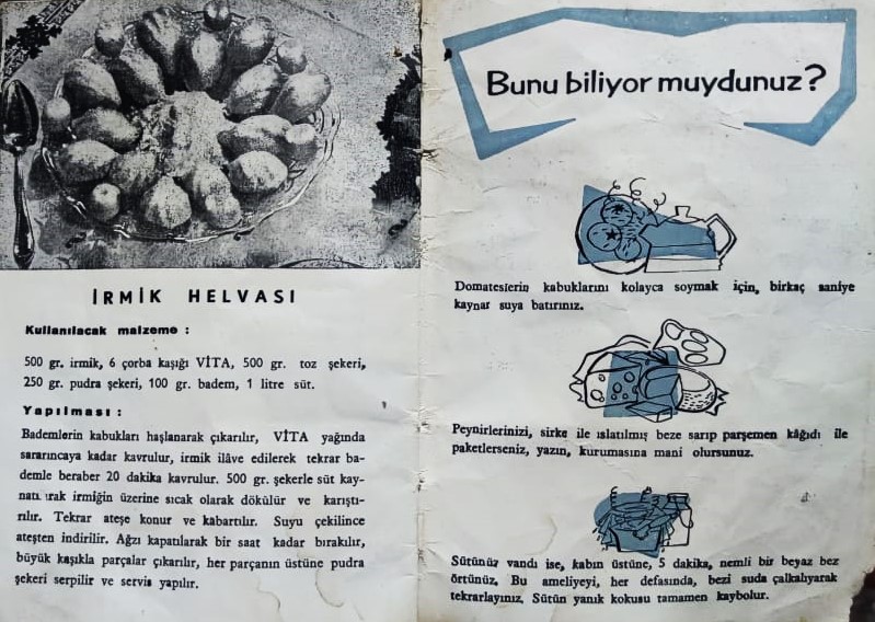 1956 CAN BOĞAZDAN GELİR UNİLEVER VİTA SANA YAG REKLAMLI YEMEK KİTABI  ON ARKA KAPAK KARTON RESİMLER GENELDE EL CİZİM