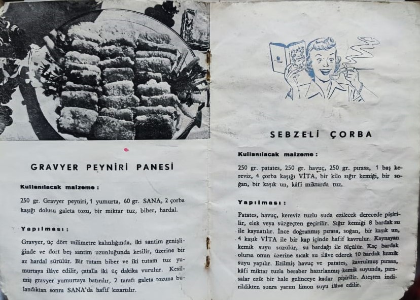 1956 CAN BOĞAZDAN GELİR UNİLEVER VİTA SANA YAG REKLAMLI YEMEK KİTABI  ON ARKA KAPAK KARTON RESİMLER GENELDE EL CİZİM