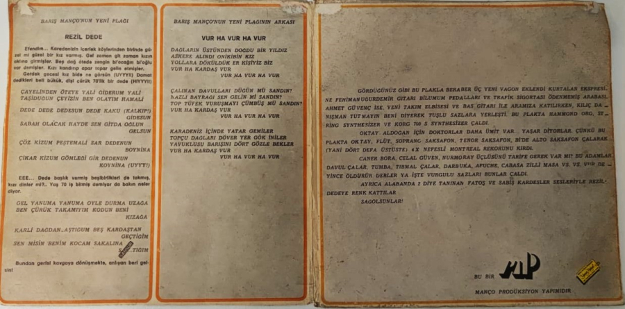 1976 BARIS MANCO NUN YENİ PLAGI  REZİL DEDE VUR HA VUR HA VUR ORJINAL KENDİ KABINDA 45 LİK PLAK