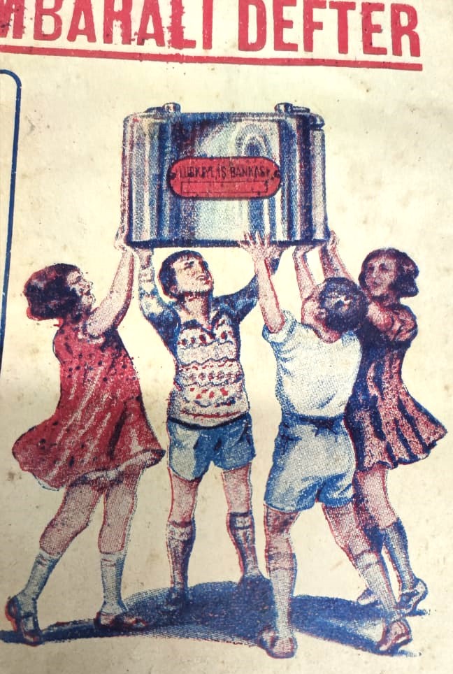 1932 İS BANKASI BENDE İSTERİM KUMBARA  KUMBARALI DEFTER OKUL DEFTERİ İCİ OSMANLICA YAZILI  ON YUZ VE ARKA KAPAK TAS BASKI İCİ REKLAMLI 