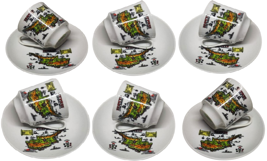 1970 KIBRIS CYPRUS RENKLİ HARİTASI BULUNAN PORSELEN TURK TİPİ FİNCAN KAHVE TAKIMI ALTI TABAK ALTI KULPLU FİNCAN