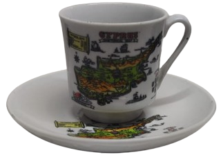 1970 KIBRIS CYPRUS RENKLİ HARİTASI BULUNAN PORSELEN TURK TİPİ FİNCAN KAHVE TAKIMI ALTI TABAK ALTI KULPLU FİNCAN