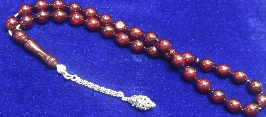 ATES KIRMIZI DAMLA KESİM İÇİ HARELİ ÖZEL YAPIM SIKMA KEHRİBAR TESBİH