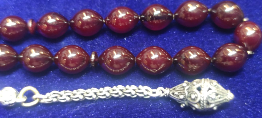 ATES KIRMIZI DAMLA KESİM İÇİ HARELİ ÖZEL YAPIM SIKMA KEHRİBAR TESBİH