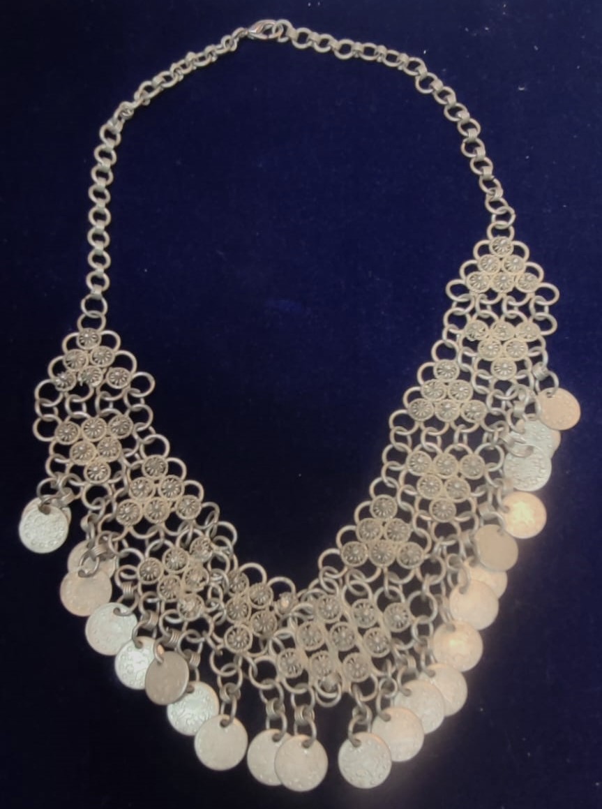 1920  OSMANLI YAPIM GELİN MERASİMDE TAKILAN  KOLYE EL İŞİ DÜŞÜK AYAR GÜMÜŞ 