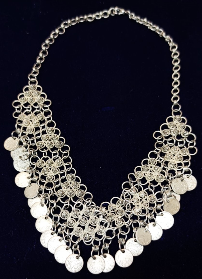 1920  OSMANLI YAPIM GELİN MERASİMDE TAKILAN  KOLYE EL İŞİ DÜŞÜK AYAR GÜMÜŞ 